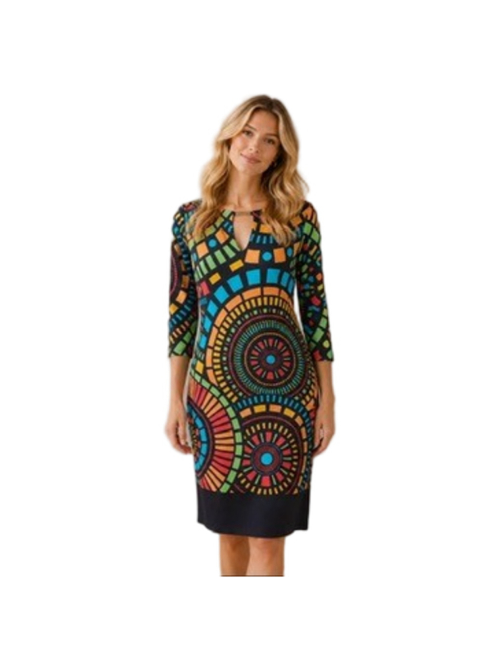 Joseph Ribkoff Sheath Dress Black Multicolor Geo Medallion Mosaic Sheath Sz 12